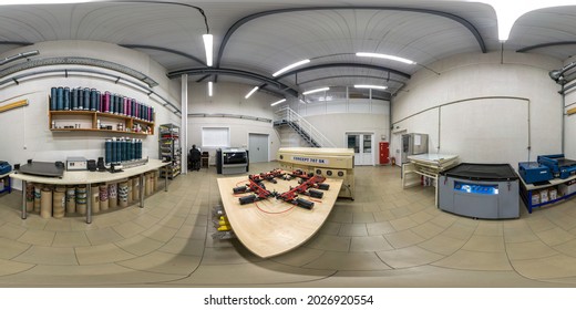 MINSK, BELARUS - MAY 2020: Full Seamless Hdri Panorama 360 Near Rows Of Large Offset Printing Press Of Polymerr Label Conveyor Typography Facility In Equirectangular Projection,  For VR AR Content