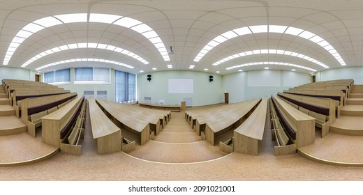 MINSK, BELARUS -  MAY 2021: Full Seamless Spherical Hdr Panorama 360 Degrees Angle View In Modern Empty Conference And Lecture Hall In Equirectangular Projection, AR VR Content