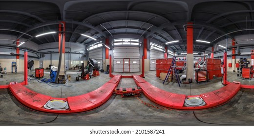 MINSk, BELARUS - MAY 2021: full seamless spherical hdr 360 panorama view inside cars service station and accident recovery in equirectangular projection, ready for VR AR virtual reality