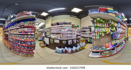 MINSK, BELARUS - MAY, 2021: Full spherical seamless hdr panorama 360 degrees angle view inside interior of in zoo pet store with feed, medicines goods in equirectangular projection, VR AR content