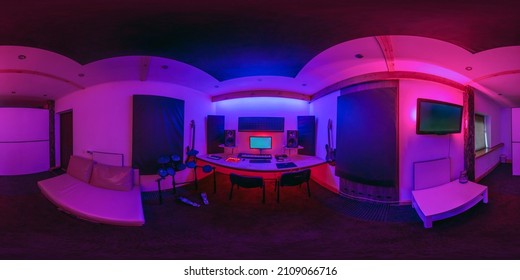 MINSK, BELARUS - MAY 2021: full hdr 360 panorama inside recording music studio with neon light in equirectangular spherical projection 