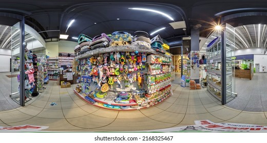 MINSK, BELARUS - MAY, 2021: Full spherical seamless hdr panorama 360 degrees angle view inside interior of zoo pet store with feed, medicines goods in equirectangular projection, VR AR content