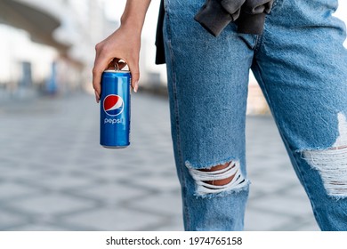 MINSK, BELARUS - MAY, 2021: Stylish Woman Holding Can Of Pepsi