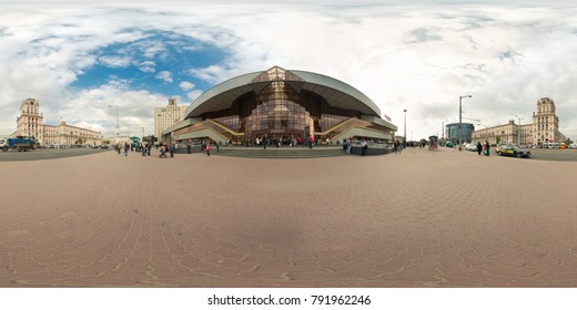 MINSK, BELARUS - MAY 28, 2010: 360 Panorama View Near Railway Station, Minsk Gate. Full 360 By 180 Degrees Seamless Panorama  In Equirectangular Spherical Projection. Skybox For VR AR Content