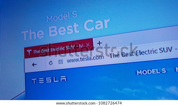 Minsk, Belarus - May 3, 2018: The homepage\
of the official website for Tesla Inc (Tesla Motors), an American\
company that specializes in electric vehicles, energy storage and\
solar panel\
manufacturing
