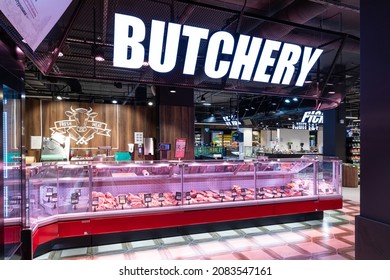 Minsk, Belarus - Nov 25, 2021: Photo Of The Butchery Department In A Grocery Store With Food. Shop And Shopping Concept. Meat