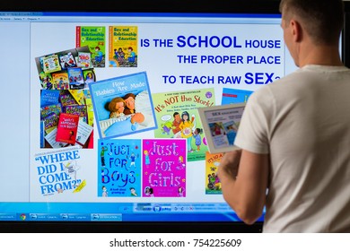 Minsk, Belarus. November, 2017. Sex Ed. The Teacher In The Classroom Is Preparing To Tell Parents About The Books Devoted To The Early Sexual Education. School. Universiry.