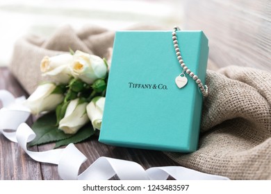 Minsk, Belarus. November, 2017. Tiffany Jewellery Gift Box. Present. Flowers. Best Gift For Valentines Day And Mothers Day. 8 March. Engagement And Wedding. Gift Card.