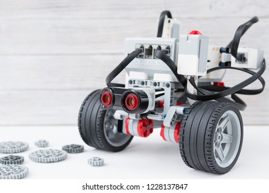 Minsk, Belarus. November, 2018.  Robotic Car. Robot Lego Mindstorms EV3. STEM Education. Hand Show Like. Technology And Programming Robotics.