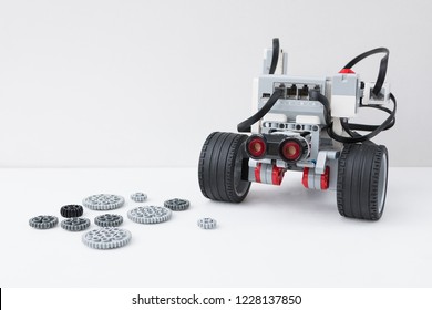 Minsk, Belarus. November, 2018.  Robotic Car. Robot Lego Mindstorms EV3. STEM Education. Hand Show Like. Technology And Programming Robotics.