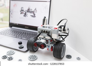 Minsk, Belarus. November, 2018.  Robotic Car. Robot Lego Mindstorms EV3. STEM Education. Hand Show Like. Technology And Programming Robotics.