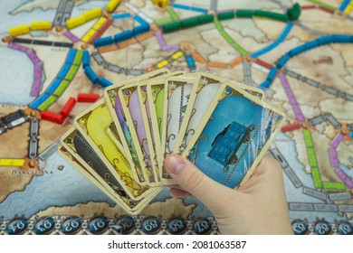 Minsk, BELARUS - November 3, 2021: Strategic Board Game Ticket To Ride With Trains, Trade And Expansion Options On A Map Of Europe