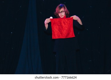 MINSK, BELARUS November 4 2017 International Illusion Festival MAGIC 2017 Guy Shows Focus With Handkerchief On Stage