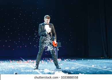 MINSK, BELARUS November 5 2017 International Illusion Festival MAGIC 2017 Concert Dedicated To The Festival MAGIC 2017 Male Magician On Stage Shows A Show With A Dove