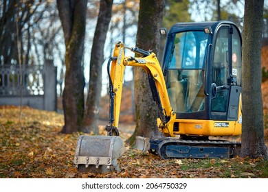 Minsk, Belarus. Oct 2019. JCB 8018 CTS mini excavator. Mini digger parked, excavation work outdoors.