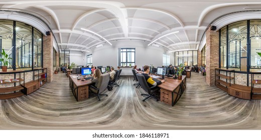 MINSK, BELARUS - OCTOBER,  2019: full seamless spherical hdri panorama 360 in  interior work room in modern coworking office with workers  in equirectangular projection. VR content