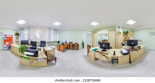MINSK, BELARUS - OCTOBER,  2021: full seamless spherical hdri 360 panorama in interior work room in modern coworking office in equirectangular projection. VR content