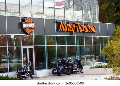 Minsk, Belarus. Sep 2019. Motorcycles parked in front of Harley Davidson store dealership of Harley-Davidson motorcycles in Minsk. Harley-Davidson sign and logo.  American motorcycle manufacturer