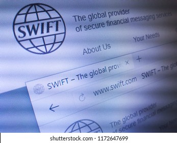 Minsk, Belarus - September 05, 2018: The Homepage Of The Official Website For The Society For Worldwide Interbank Financial Telecommunication (SWIFT)