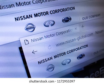 Minsk, Belarus - September 05, 2018: The homepage of the official website for Nissan Motor Company Ltd., a Japanese multinational automobile manufacturer headquartered in Nishi-ku, Yokohama.