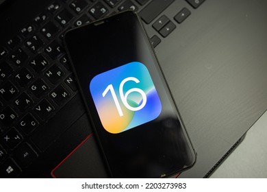 Minsk, Belarus, September 16, 2022: IOS 16 Displayed On Smartphone With Apple Logo On Background