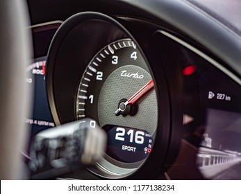 MINSK, BELARUS - SEPTEMBER 2, 2018:  Image Of Speedometer And Tachometer Of Porsche Panamera Gran Turismo. The Speedometer Shows Fast Speed.