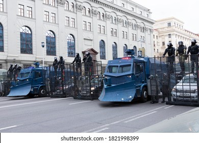 Minsk, Belarus - September 20, 2020: Armored Riot Water Cannon Truck, equipped with crowd control water cannons, manufactured by Streit Group Canada.