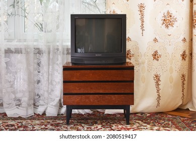 MINSK BELARUS-02.20.2021:An Old Black Sony Trinitron Kv-21m3 TV From The 1980s And 1990s.