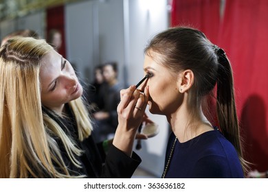 MINSK/BELARUS BFW SS 2016. A Model Gets Ready Backstage. Fashion Week Makeup