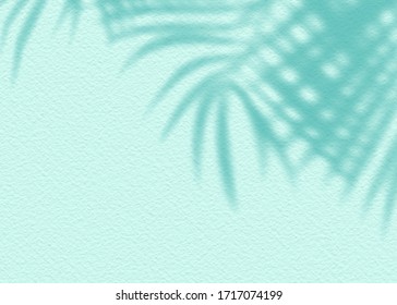 Mint Blue Cement Texture Wall Leaf Plant Shadow Background.Summer Tropical Travel Beach With Minimal Concept. Flat Lay Pastel Color Palm Nature.