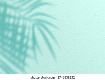 Mint Blue Cement Texture Wall Leaf Plant Shadow Background.Summer Tropical Travel Beach With Minimal Concept. Flat Lay Pastel Color Palm Nature.