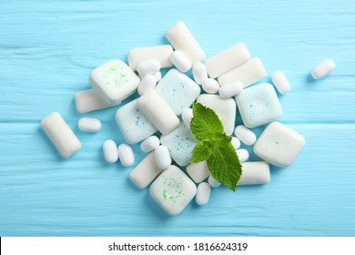 Mint Chewing Gum And Mint On The Table. Fresh Breath, Oral Care
