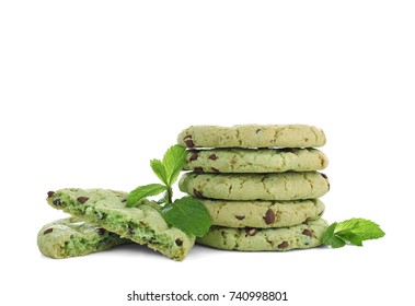 Mint Chocolate Chip Cookies On White Background