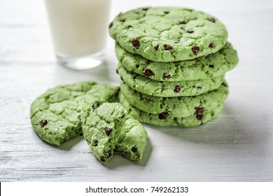 Mint Chocolate Chip Cookies On Wooden Table