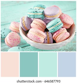 Mint Color Matching And Sweet Macarons, Closeup