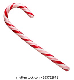 Mint hard candy cane striped in Christmas colours isolated on a white background. Closeup. 