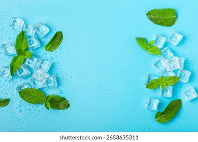 Mint and ice on texture background. Green fresh mint and ice cube. Mint leaves, ice cube and water drops for cold drink. Top view. Space for text. Copy space.