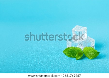Mint and ice on texture background. Green fresh mint and ice cube. Mint leaves, ice cube and water drops for cold drink. Top view. Space for text. Copy space.