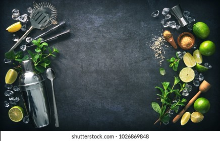 Mint, Lime, Ice, Ingredients And Bar Utensils For Making Mojito Cocktail