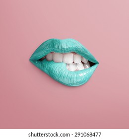 Mint Lips Of Chewing Mouth On A Pink Background. Separated Lips