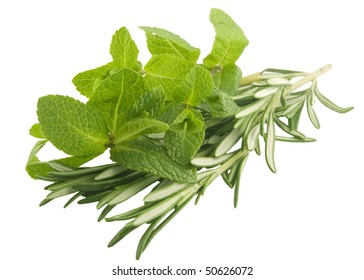 Mint And Rosemary Branches On White Background