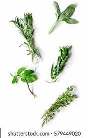 Mint, Sage, Rosemary, Thyme - Tufts Of Herbs White Background