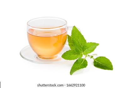 Mint tea. Cup of tea with fresh mint leaves on a white background.	