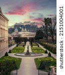 A Mirabell Palace and gardens in summer, Salzburg Castle in the background