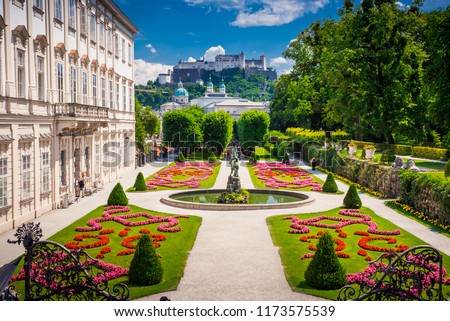 Mirabell Palace and Gardens in Summer, Salzburg castle in background