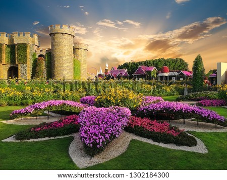 Miracle formal garden with over 45 million flowers and castle architecture in sunset light, Dubai, UAE