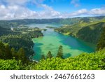 Miradouro da Vista do Rei. View of Lagoa Verde and Lagoa Azul on Sao Miguel island, Azores, Portugal. Turquoise lakes. Seven Cities Lake "Lagoa das Sete Cidades". Volcanic caldera.
