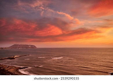 Miraflores, a district located in Lima, Peru, offers breathtaking sunset views along its coastline facing the Pacific Ocean - Powered by Shutterstock