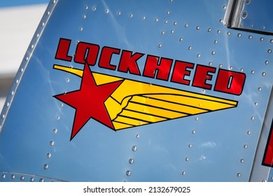 Miramar, USA - 2019: Detailed Shot Of Old Lockheed Company Logo On A Classic Lockheed 12 Oldtimer Aircraft