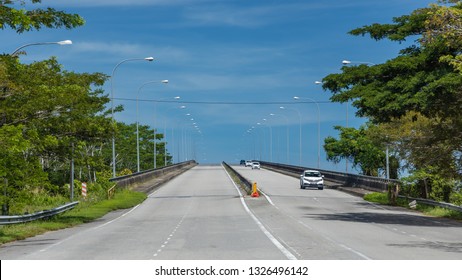 Miri, Sarawak, Malaysia - December 6 2018: The Highway AH150 Over The ASEAN Bridge Over The Sungai Baram, Conencting Brunei And Sarawak